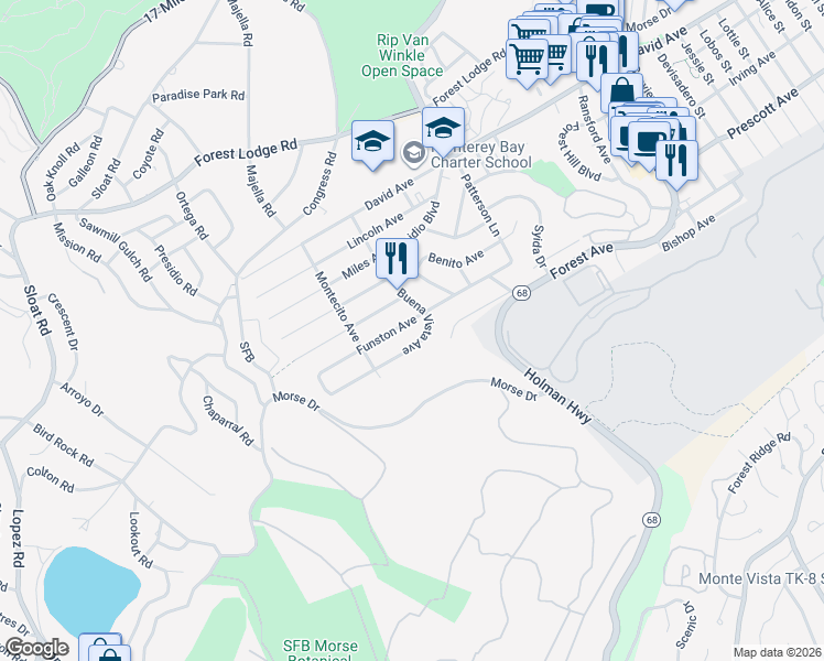 map of restaurants, bars, coffee shops, grocery stores, and more near 1209 Funston Avenue in Pacific Grove