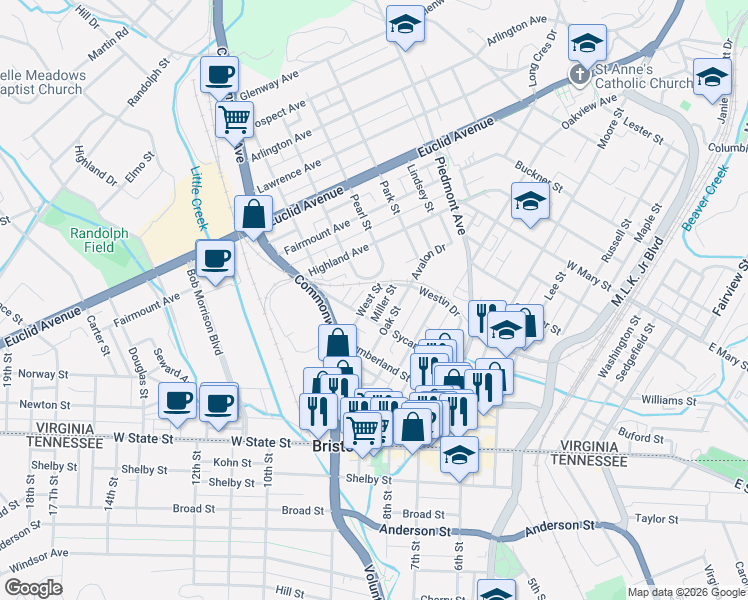 map of restaurants, bars, coffee shops, grocery stores, and more near 1-65 Miller Street in Bristol