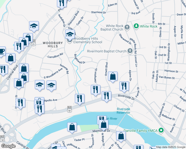 map of restaurants, bars, coffee shops, grocery stores, and more near 320 Hampton Drive in Danville