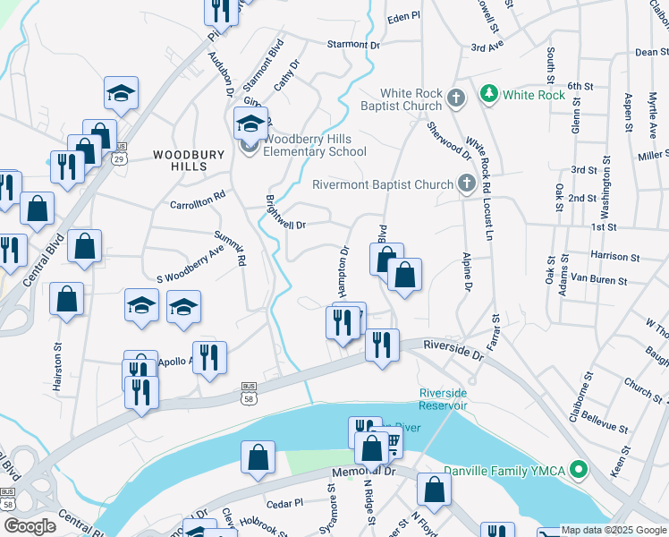 map of restaurants, bars, coffee shops, grocery stores, and more near 320 Hampton Drive in Danville