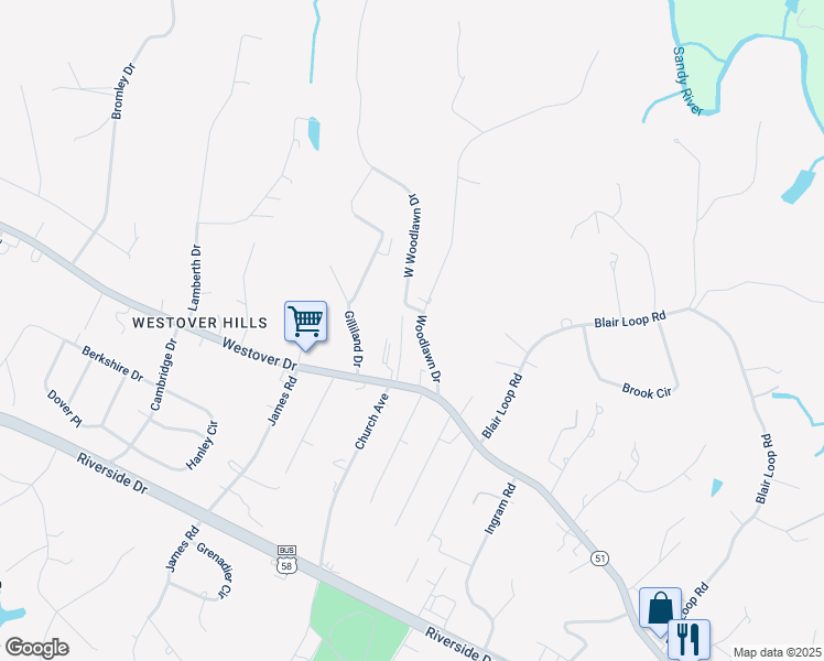 map of restaurants, bars, coffee shops, grocery stores, and more near 429 Woodlawn Drive in Danville