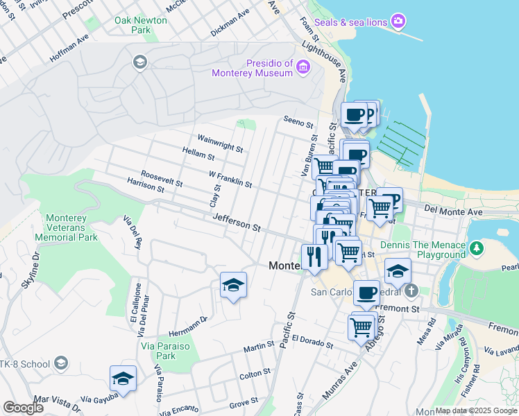 map of restaurants, bars, coffee shops, grocery stores, and more near 460 Watson Street in Monterey