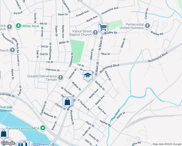 map of restaurants, bars, coffee shops, grocery stores, and more near 115 West James Street in Danville