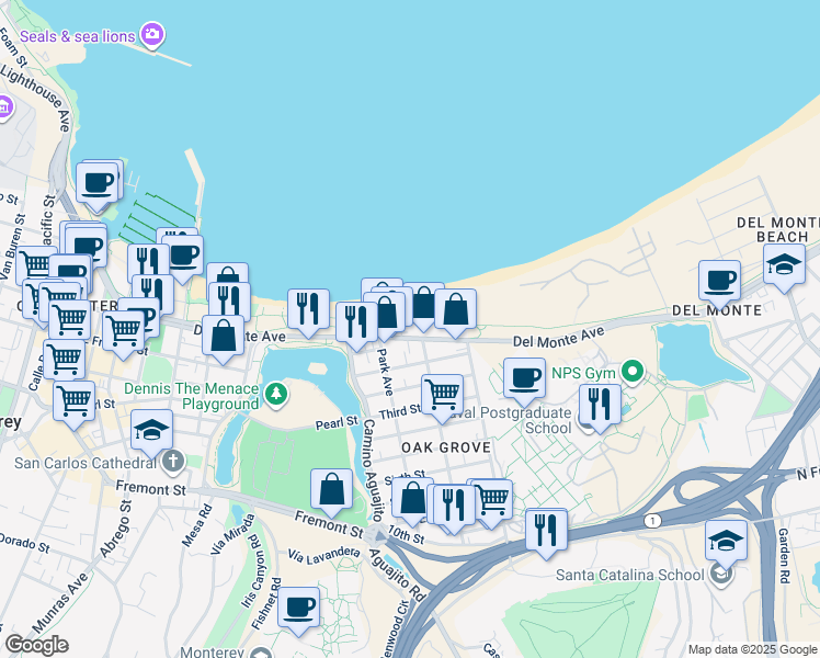 map of restaurants, bars, coffee shops, grocery stores, and more near 1179 Del Monte Avenue in Monterey
