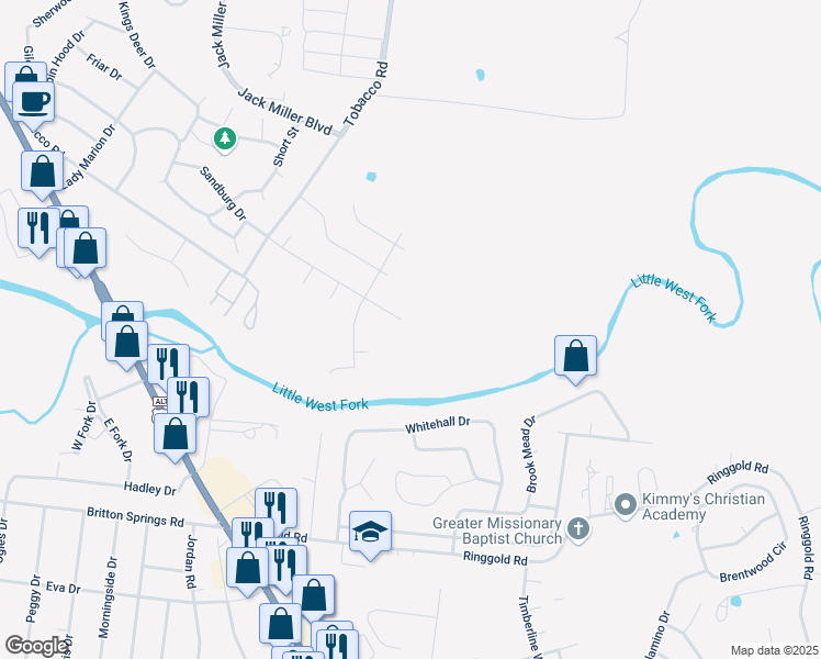 map of restaurants, bars, coffee shops, grocery stores, and more near 129 Whitehall Drive in Clarksville
