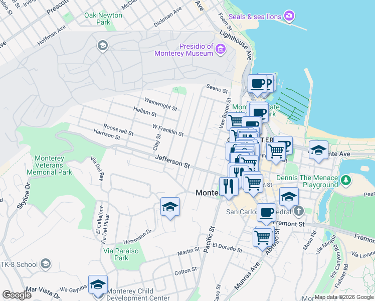 map of restaurants, bars, coffee shops, grocery stores, and more near 451 Watson Street in Monterey