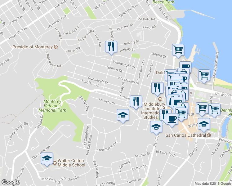 map of restaurants, bars, coffee shops, grocery stores, and more near 920 Jefferson Street in Monterey