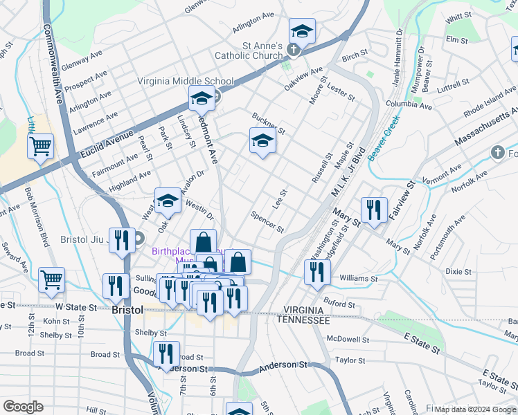 map of restaurants, bars, coffee shops, grocery stores, and more near 409 Moore Street in Bristol