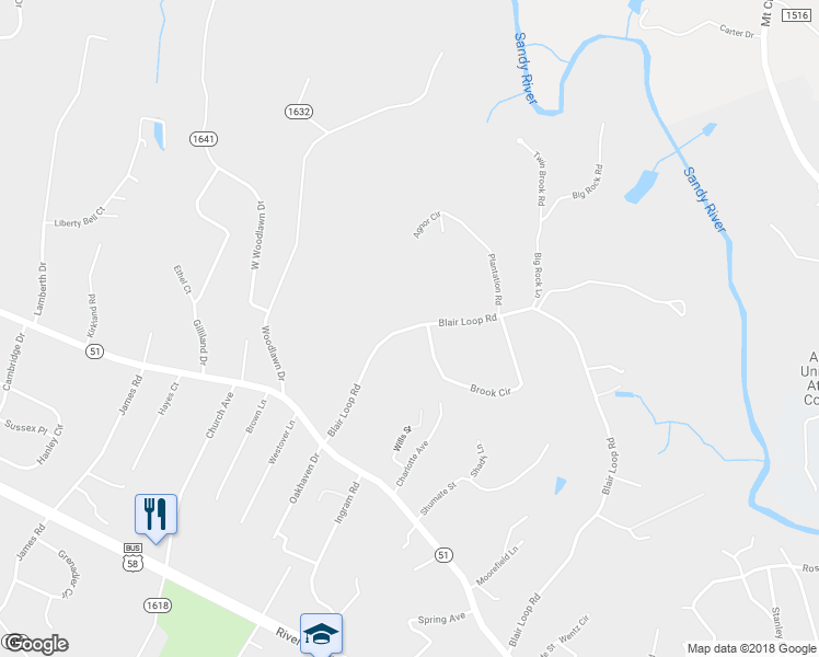 map of restaurants, bars, coffee shops, grocery stores, and more near 1913 Blair Loop Road in Danville