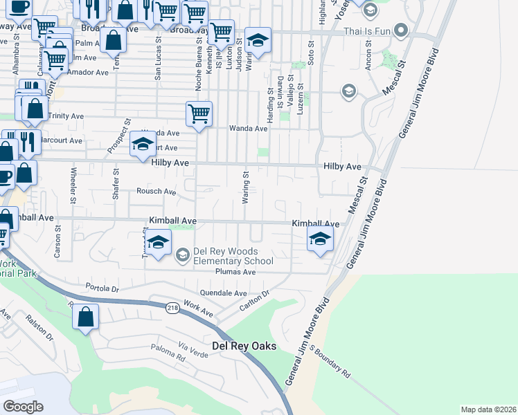 map of restaurants, bars, coffee shops, grocery stores, and more near 1118 Waring Street in Seaside