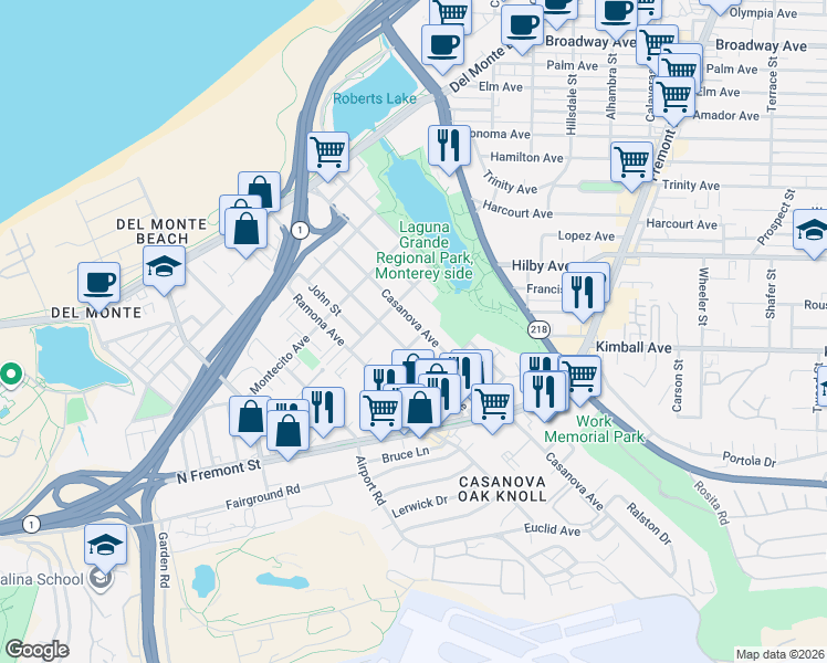 map of restaurants, bars, coffee shops, grocery stores, and more near 463 Hannon Avenue in Monterey