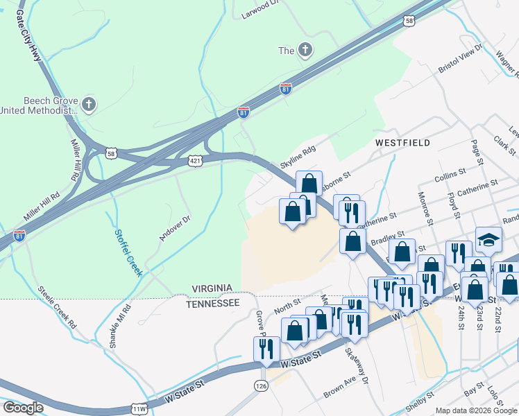 map of restaurants, bars, coffee shops, grocery stores, and more near 116-2698 Veda Dr in Bristol