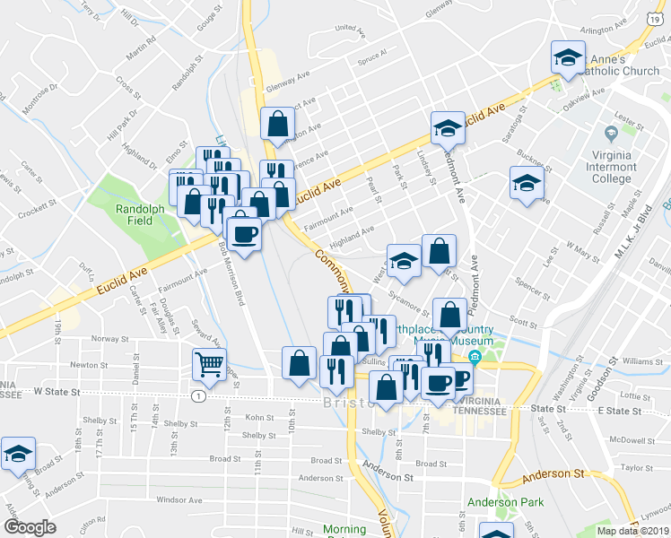 map of restaurants, bars, coffee shops, grocery stores, and more near 260 Commonwealth Avenue in Bristol