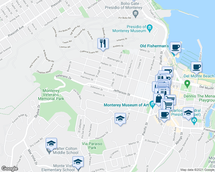 map of restaurants, bars, coffee shops, grocery stores, and more near 920 Jefferson Street in Monterey