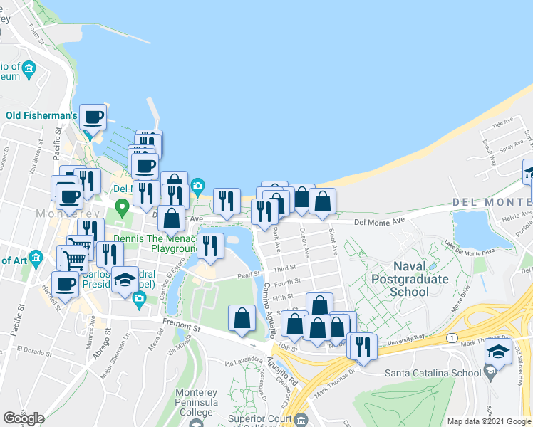 map of restaurants, bars, coffee shops, grocery stores, and more near 1099 Del Monte Avenue in Monterey