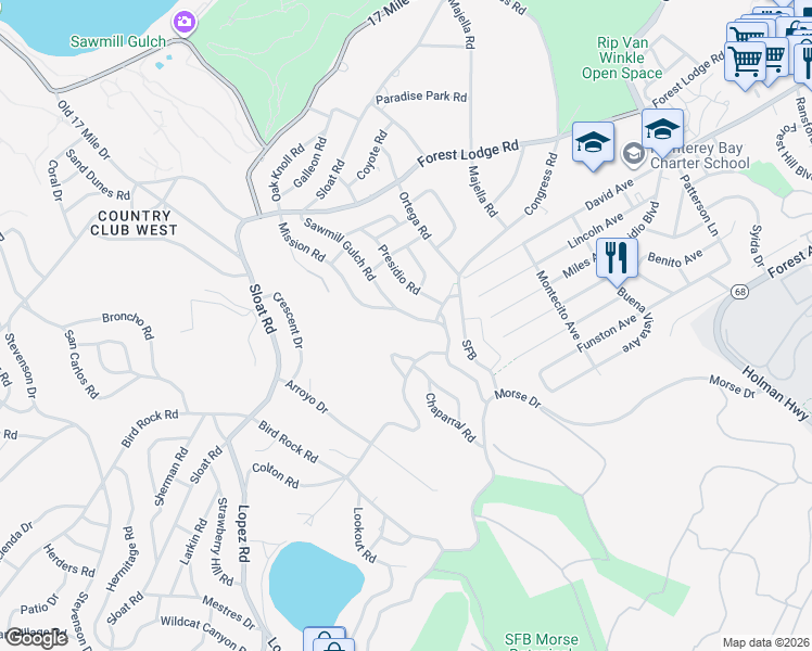 map of restaurants, bars, coffee shops, grocery stores, and more near 1118 Sawmill Gulch Road in Del Monte Forest