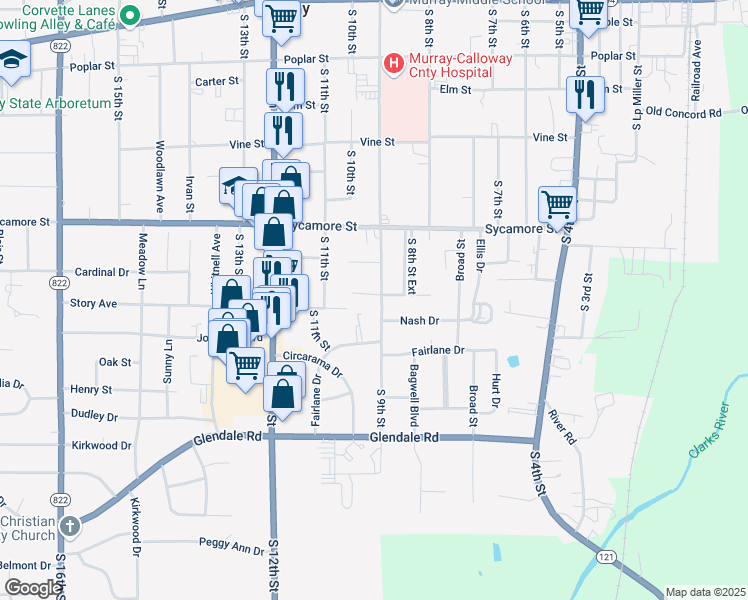 map of restaurants, bars, coffee shops, grocery stores, and more near 620 South 9th Street in Murray