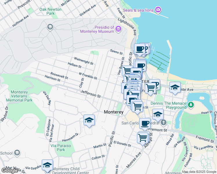 map of restaurants, bars, coffee shops, grocery stores, and more near 429 Larkin Street in Monterey