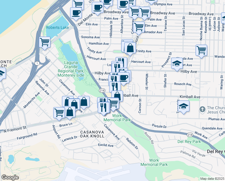 map of restaurants, bars, coffee shops, grocery stores, and more near 635 Charles Avenue in Seaside