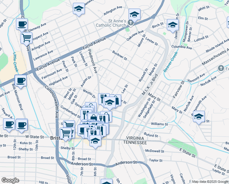 map of restaurants, bars, coffee shops, grocery stores, and more near 409 Moore Street in Bristol