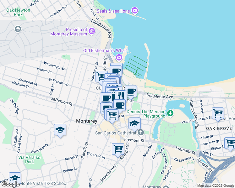 map of restaurants, bars, coffee shops, grocery stores, and more near 340 Tyler Street in Monterey