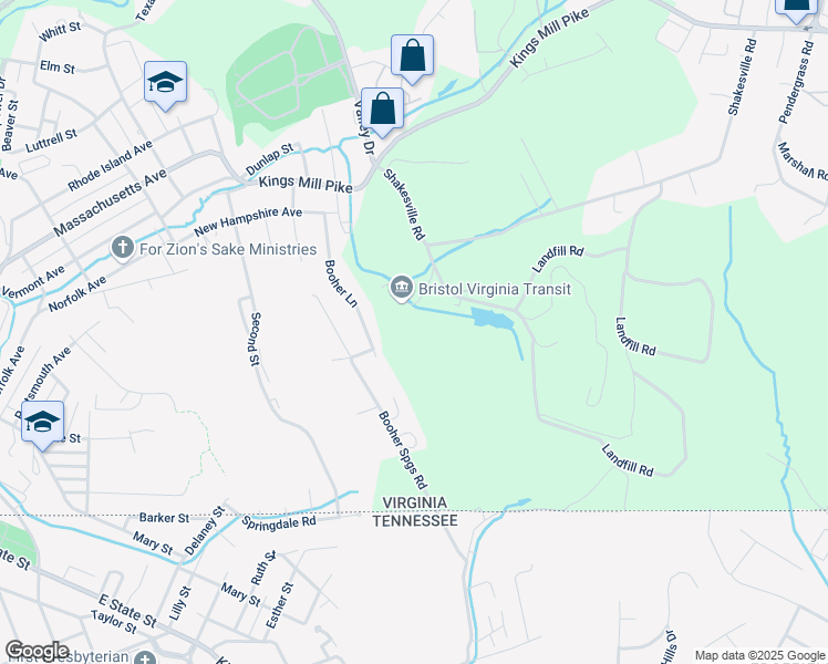 map of restaurants, bars, coffee shops, grocery stores, and more near 2105 Shakesville Road in Bristol