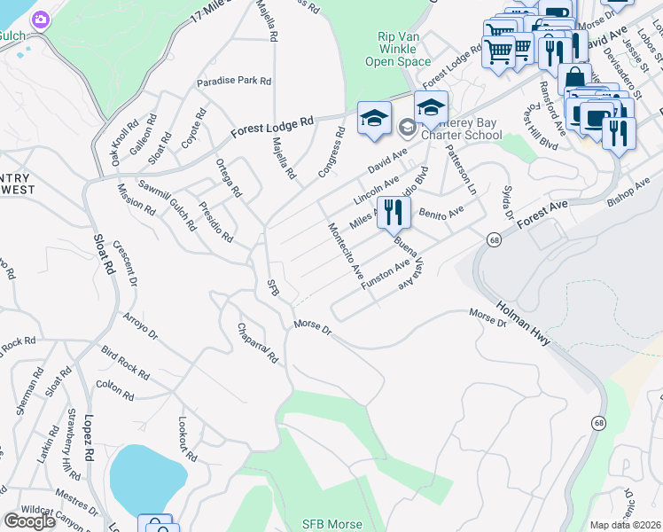 map of restaurants, bars, coffee shops, grocery stores, and more near 1310 Shafter Avenue in Pacific Grove