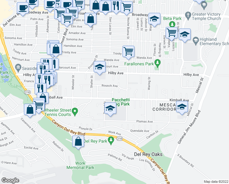 map of restaurants, bars, coffee shops, grocery stores, and more near 1124 San Lucas Street in Seaside
