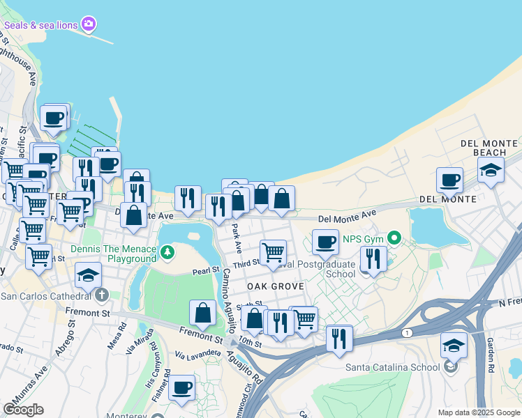 map of restaurants, bars, coffee shops, grocery stores, and more near 1179 Del Monte Avenue in Monterey