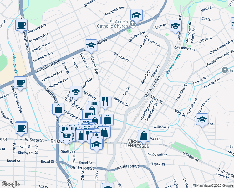 map of restaurants, bars, coffee shops, grocery stores, and more near 409 Moore Street in Bristol