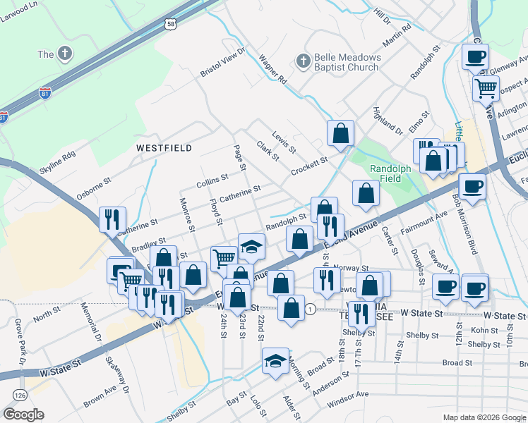 map of restaurants, bars, coffee shops, grocery stores, and more near 2101-2199 Randolph St in Bristol