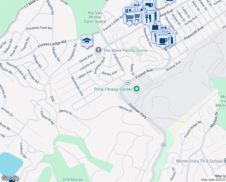 map of restaurants, bars, coffee shops, grocery stores, and more near 1107 Austin Avenue in Pacific Grove