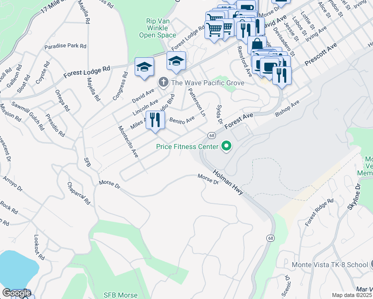 map of restaurants, bars, coffee shops, grocery stores, and more near 1107 Austin Avenue in Pacific Grove