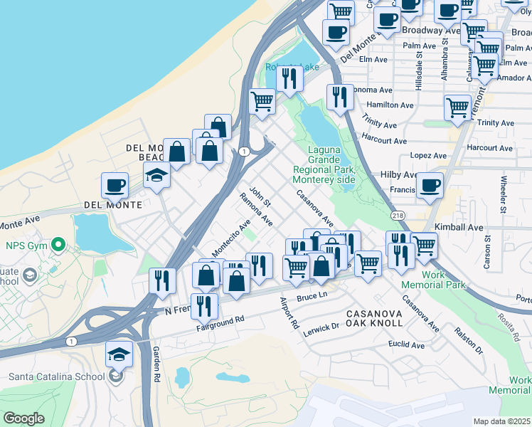 map of restaurants, bars, coffee shops, grocery stores, and more near 405 Ramona Avenue in Monterey