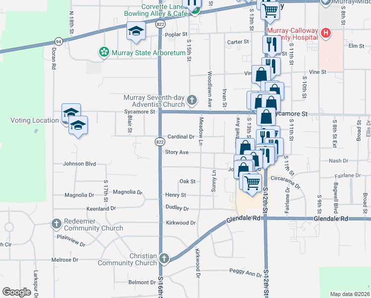 map of restaurants, bars, coffee shops, grocery stores, and more near 1501-1599 Story Ave in Murray