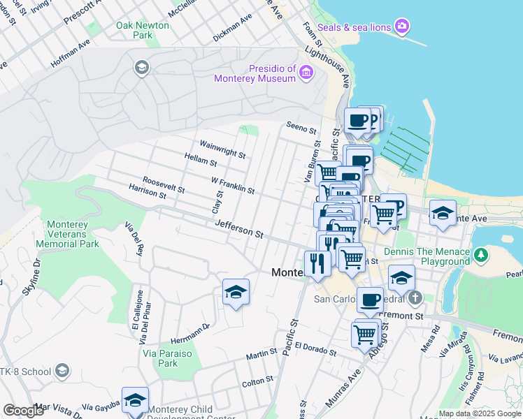 map of restaurants, bars, coffee shops, grocery stores, and more near 443 Watson Street in Monterey
