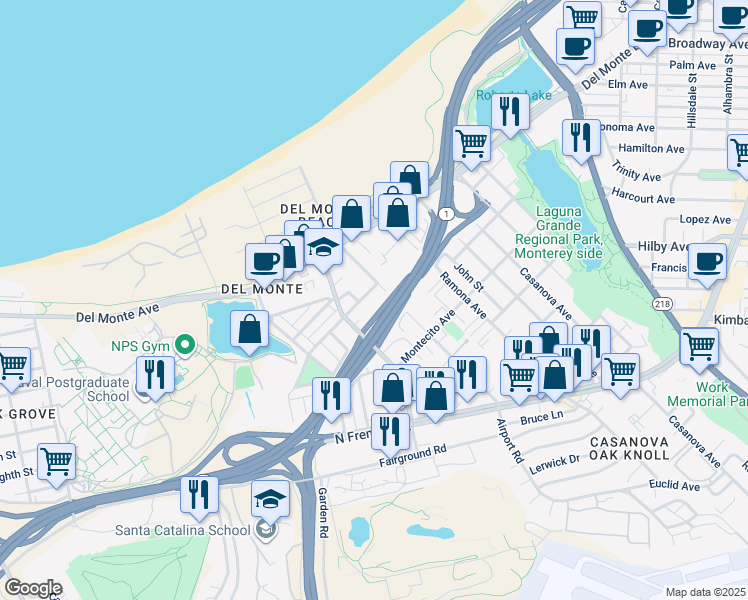 map of restaurants, bars, coffee shops, grocery stores, and more near 112 Encina Avenue in Monterey