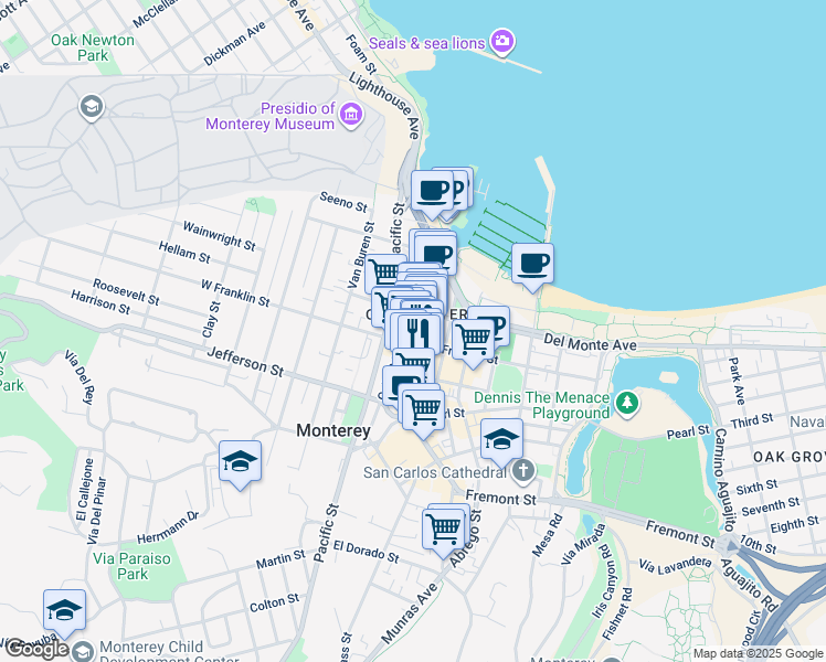 map of restaurants, bars, coffee shops, grocery stores, and more near in Monterey