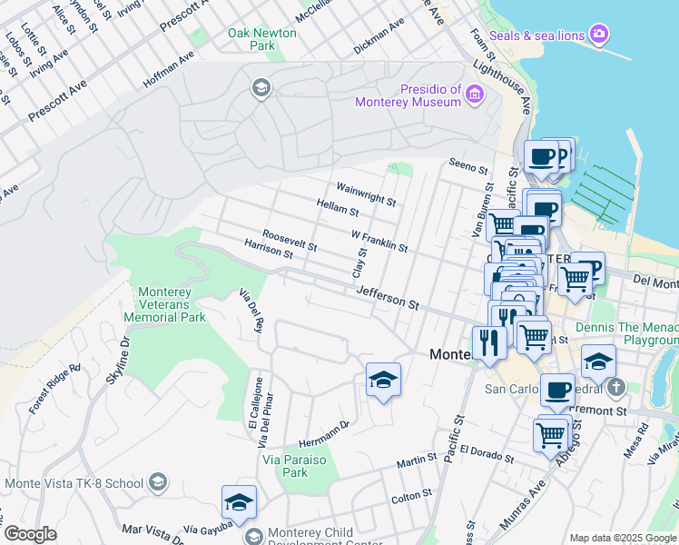 map of restaurants, bars, coffee shops, grocery stores, and more near 920 Jefferson Street in Monterey