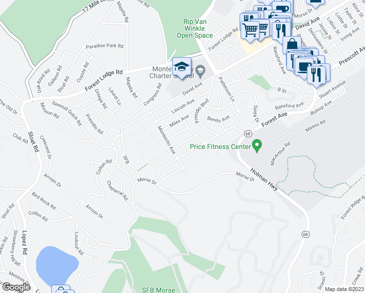 map of restaurants, bars, coffee shops, grocery stores, and more near 1221 Shafter Avenue in Pacific Grove