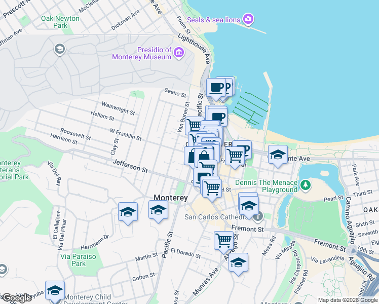 map of restaurants, bars, coffee shops, grocery stores, and more near 400 Pacific Street in Monterey