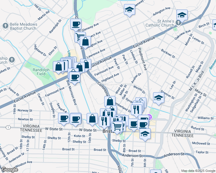 map of restaurants, bars, coffee shops, grocery stores, and more near 111 Commonwealth Avenue in Bristol
