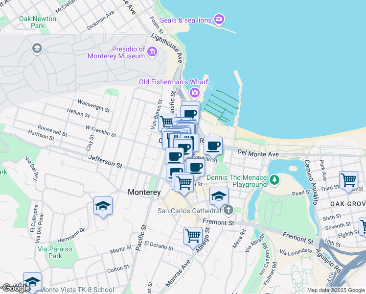 map of restaurants, bars, coffee shops, grocery stores, and more near in Monterey