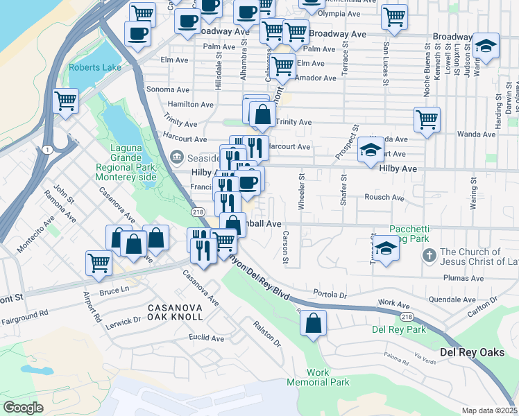 map of restaurants, bars, coffee shops, grocery stores, and more near 835 Kimball Avenue in Seaside