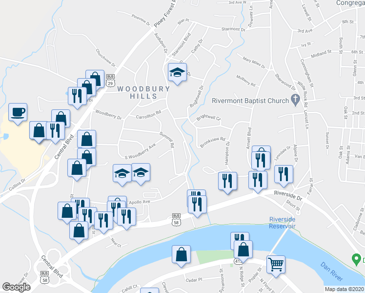 map of restaurants, bars, coffee shops, grocery stores, and more near 341 Summit Road in Danville