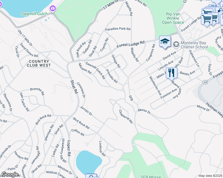 map of restaurants, bars, coffee shops, grocery stores, and more near 1118 Sawmill Gulch Road in Del Monte Forest