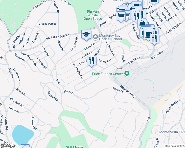 map of restaurants, bars, coffee shops, grocery stores, and more near 1212 Funston Avenue in Pacific Grove