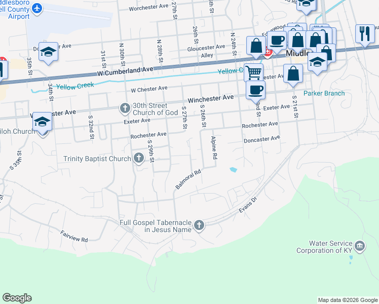 map of restaurants, bars, coffee shops, grocery stores, and more near 709 S 27th St in Middlesboro