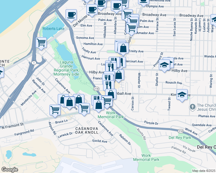 map of restaurants, bars, coffee shops, grocery stores, and more near 668 Williams Avenue in Seaside