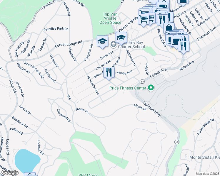 map of restaurants, bars, coffee shops, grocery stores, and more near 1212 Funston Avenue in Pacific Grove